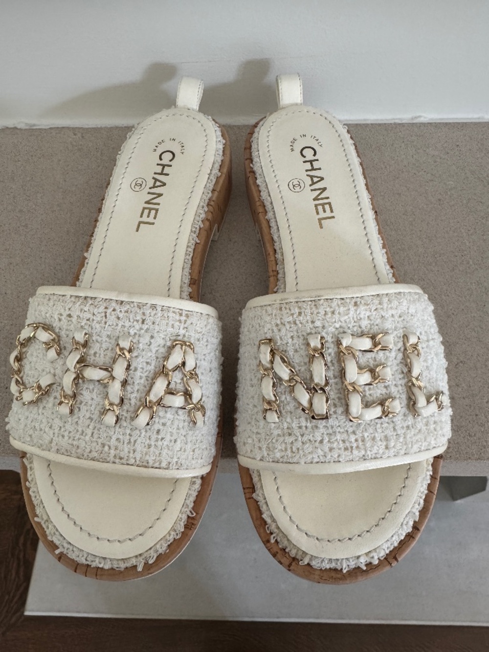 Chanel White Tweed Slides Size 39 ( us 9)